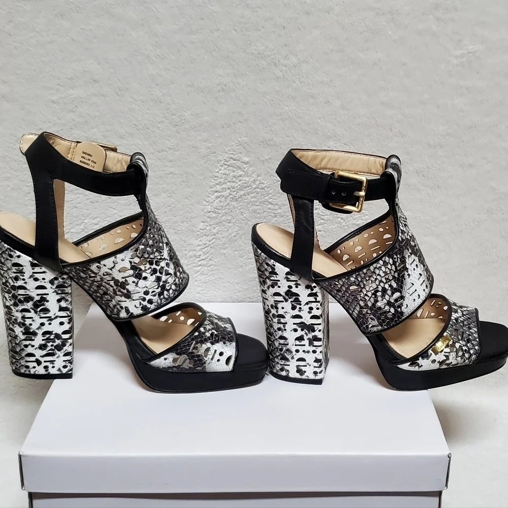 CALVIN Klein Vallin Black White Snakeskin Laser Strap Platform Block Heel Sandal